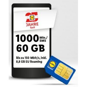 Lidl Connect Jubiläumstarif – 60GB + 1.000 SMS / Min um 9,50 € & 10 € Lidl-