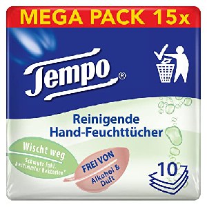 Tempo Reinigende Hand-Feuchttücher, 150 Tücher (10 Tücher x 15 Packungen) um 12,80 € statt 25,68 €