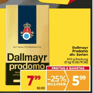 Dallmayr Prodomo Kaffee um 5,62 € statt 10,99 € bei Billa