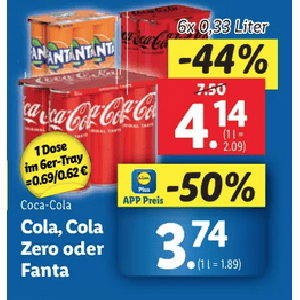 Coca Cola Dose um je 0,62 € statt 1,25 € ab 6 Stück mit Lidl Plus App