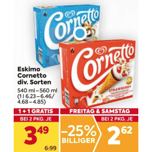 Eskimo Cornetto 6er Packung um je 2,62 € statt 6,99 € ab 2 Stück bei Billa