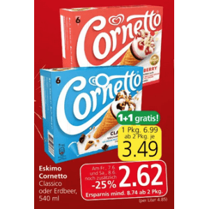 Eskimo Cornetto 6er Packung um je 2,62 € statt 6,99 € ab 2 Stück bei Spar