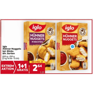 Iglo Hühner Nuggets / Sticks um je 2,64 € statt 5,29 € (1+1 Aktion) bei Billa