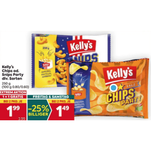 Kelly’s Chips Party um je 1,49 € statt 3,99 € ab 2 Stück (1+1) bei Billa Plus