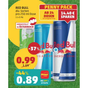 Red Bull (div. Sorten ab 6 Dosen) um 0,89 € statt 1,59 € bei Penny mit App