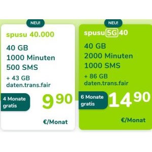 Spusu “40.000” 4 Monate gratis oder Spusu “5G 40” 6 Monate gratis testen (bis zu 89,40 € sparen)