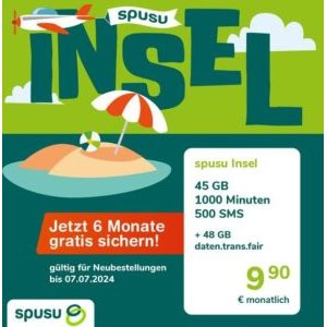 Spusu “Insel” (45GB / 1.000 Min / 500 SMS) 6 Monate gratis testen