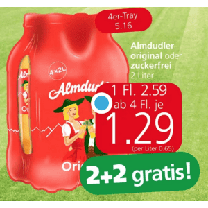 Almdudler 2L Flasche um je 1,29 € statt 2,59 € ab 4 Stück bei Spar