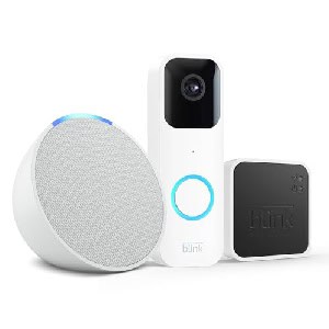 Blink Video Doorbell, weiß + Sync Module 2 + Echo Pop, Weiß um 45,37 € statt 86,06 €