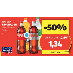 Coca Cola 2 Liter Flasche um je 1,34 € statt 2,69 € ab 1 Stück bei Hofer