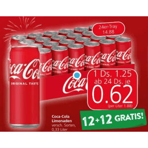 Coca Cola Dose um je 0,62 € statt 1,25 € ab 24 Stück bei Spar