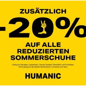 Humanic – 20% Extra-Rabatt auf reduzierte Sommerschuhe (Sandalen, Espadrilles, Schlapfen, …) + gratis Versand