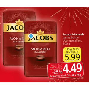 Jacobs Monarch Kaffee um je 4,49 € statt 9,49 € ab 2 Stück (1+1) bei Spar