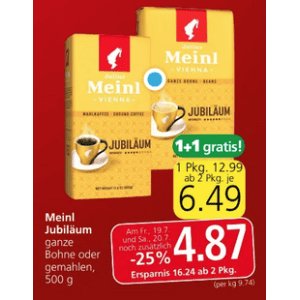 Julius Meinl Jubiläum Kaffee um je 4,87 € statt 12,99 € ab 2 Stück (1+1) bei Spar