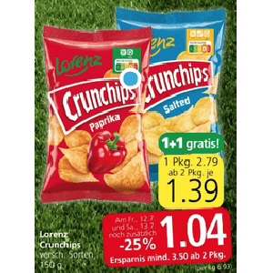 Lorenz Crunchips (div. Sorten) um je 1,04 € statt 2,79 € ab 2 Stück (1+1) bei Spar