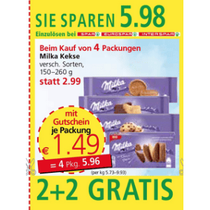 Milka Kekse (div. Sorten) um je 1,49 € statt 2,99 € ab 4 Stück (2+2) bei Spar