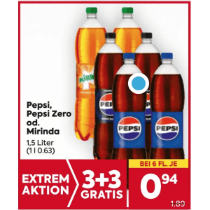 Pepsi 1,5L Flasche (div. Sorten) um je 0,94 € statt 1,89 € ab 6 Stück bei Billa