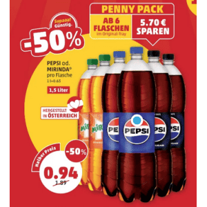 Pepsi Cola oder Pepsi Max 1,5L Flasche um je 0,94 € statt 1,89 € ab 6 Stück bei Penny