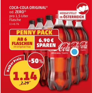 Coca Cola 1,5L Flasche um je 1,14 € statt 2,29 € ab 6 Stück bei Penny