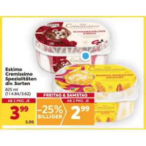 Cremissimo Eis Spezialitäten um je 2,99 € statt 5,99 € ab 2 Stück bei Billa