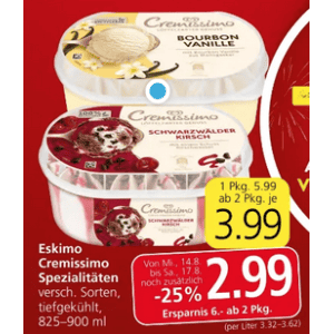 Cremissimo Eis um je 2,99 € statt 5,99 € ab 2 Stück bei Spar