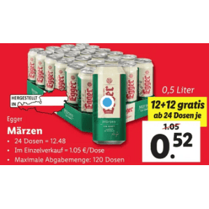 Egger Bier Dose um je 0,52 € statt 1,05 € ab 24 Stück bei Lidl