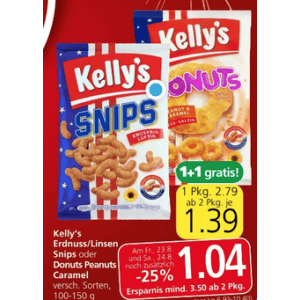 Kelly’s Snips (div. Sorten) oder Donuts um je 1,04 € statt 2,79 € ab 2 Stück (1+1) bei Spar