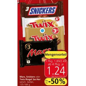 Mars, Snickers oder Twix Packung um je 1,24 € statt 2,49 € ab 4 Stück (2+2) bei Spar