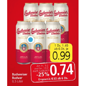 Budweiser Budvar Dose um je 0,74 € statt 1,59 € ab 6 Stück bei Spar