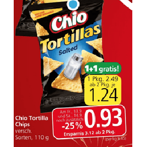 Chio Tortilla Chips (div. Sorten) um je 0,93 € statt 2,49 € ab 2 Stück (1+1) bei Spar