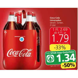 Coca Cola 2L Flasche um je 1,34 € statt 2,69 € ab 4 Stück bei Spar mit App