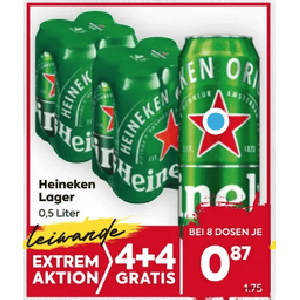 Heineken 0,5 Liter Dose um je 0,87 € statt 1,75 € ab 8 Stück bei Billa