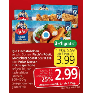 Iglo Fischstäbchen um je 2,99 € statt 5,99 € ab 3 Stück bei Spar