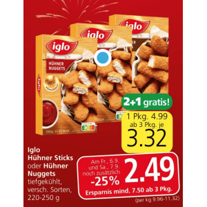 Iglo Hühner Nuggets / Sticks um je 2,49 € statt 4,99 € bei Spar