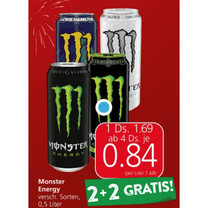 Monster Energy Dose um je 0,84 € statt 1,69 € ab 4 Stück bei Spar