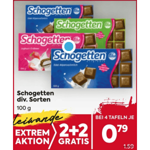 Schogetten um je 0,79 € statt 1,59 € ab 4 Stück (2+2) bei Billa