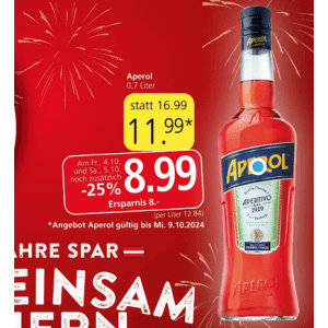 Aperol 0,7 Liter Flasche um je 8,99 € statt 16,99 € bei Spar