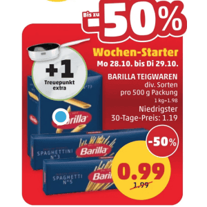 Barilla Teigwaren 500g um 0,99 € statt 1,99 € bei Penny