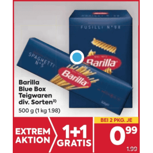 Barilla Teigwaren um je 0,99 € statt 1,99 € ab 2 Stück (1+1) bei Billa