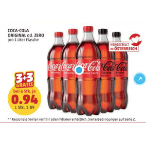 Coca Cola 1L Flasche um je 0,94 € statt 1,89 € ab 6 Stück bei Penny