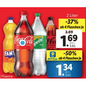 Coca Cola 2L Flasche um je 1,34 € statt 2,69 € ab 4 Stück mit Lidl Plus App