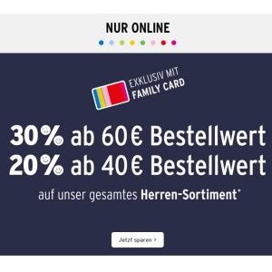 Ernsting’s family – 20% / 30% Rabatt auf Herren-Artikel ab 40€ / 60€ (mit Family Card)