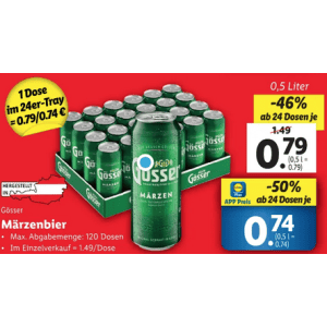 Gösser Dosen um je 0,74 € statt 1,49 € ab 24 Dosen mit Lidl Plus App