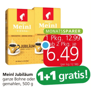 Julius Meinl Jubiläum Kaffee um je 6,49 € statt 12,99 € ab 2 Stück (1+1) bei Spar