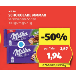 Milka Schokolade 270-300g um je 1,94 € statt 3,89 € bei Hofer