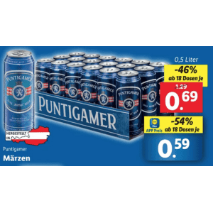 Puntigamer Bier Dose um je 0,59 € statt 1,29 € ab 18 Stück mit Lidl Plus App