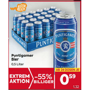 Puntigamer Bier Dose um je 0,59 € statt 1,32 € ab 24 Stück bei Billa