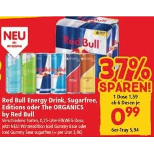 Red Bull Dose (div. Sorten) um 0,74 € statt 1,49 € im 6er-Tray bei Interspar