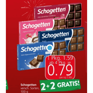 Schogetten um je 0,79 € statt 1,59 € ab 4 Stück (2+2) bei Spar