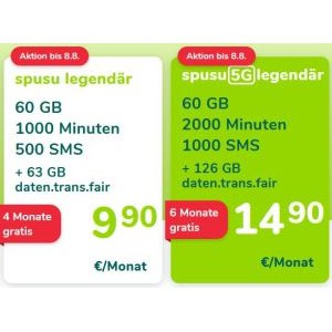 Spusu “legendär” (60GB / 1.000 Min / 500 SMS) 4 Monate gratis oder  Spusu “5G legendär” (60GB / 2.000 Min / 1.000 SMS) 6 Monate gratis testen